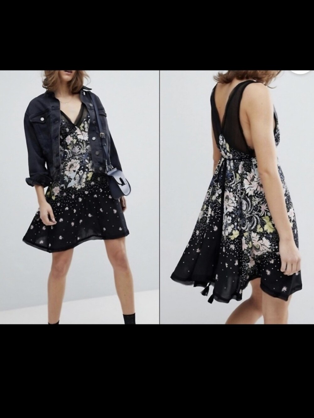 Free People Black Floral Backless V-Neck Mini Dress - Picture 2 of 7